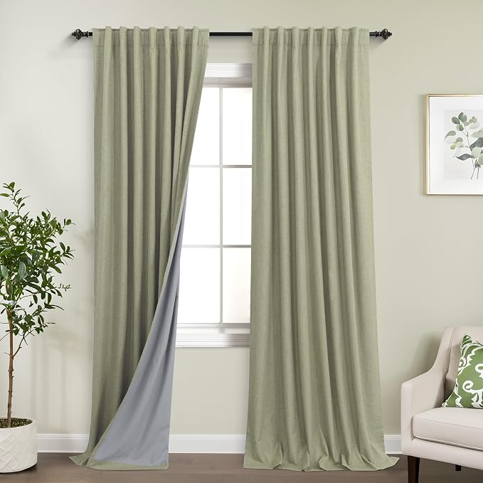 KOUFALL Light Sage Green Blackout Curtains 84 Inches Long,Linen Black Out Room Darkening Back Tab Pleated Cottage Core Curtains for Bedroom Living Room Nursery