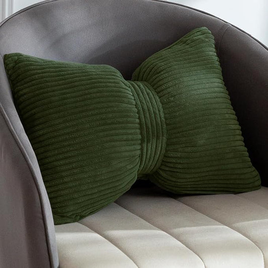 HIGOGOGO Lumbar Support Pillow for Recliner Chair, Bow Knot Shaped Back Support Cushion, Striped Corduroy Soft Decorative Lumbar Pillow for Office Chair, Sofa, Car, Bed, Living Room - Dark Green