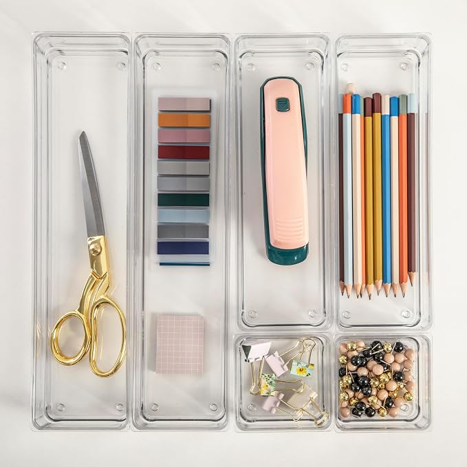 Martha Stewart Miles Stackable Desk Drawer Organizers, Clear, 6-Pack | Various Sizes, Stackable