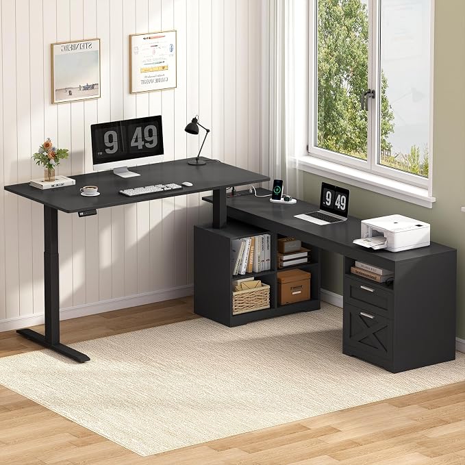 66 inch Farmhouse L Shaped Standing Desk with Storage for Home Office | Corner Electric Standing Desk with Drawers ＆ Storage Shelves, Height Adjustable Computer Desk with Power Outlets, Black