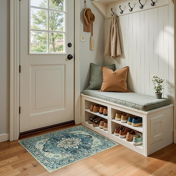 RELEANY Area Rugs Small 2'x3' Washable Non-Slip, Floral Vintage Distress Medallion Carpet for Kitchen Entryway Bathroom, Dark Blue Vintage