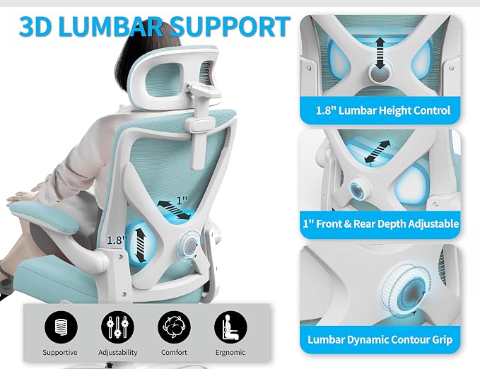 Ergonomic Office Chair: Mesh Desk Chair Comfy with Headrest& Lumbar Support | Ergalithic Big and Tall Office Chairs with Wheels & Flip-Up Arms-Computer Gaming Chairs for Adults Home Office(Lake Blue)