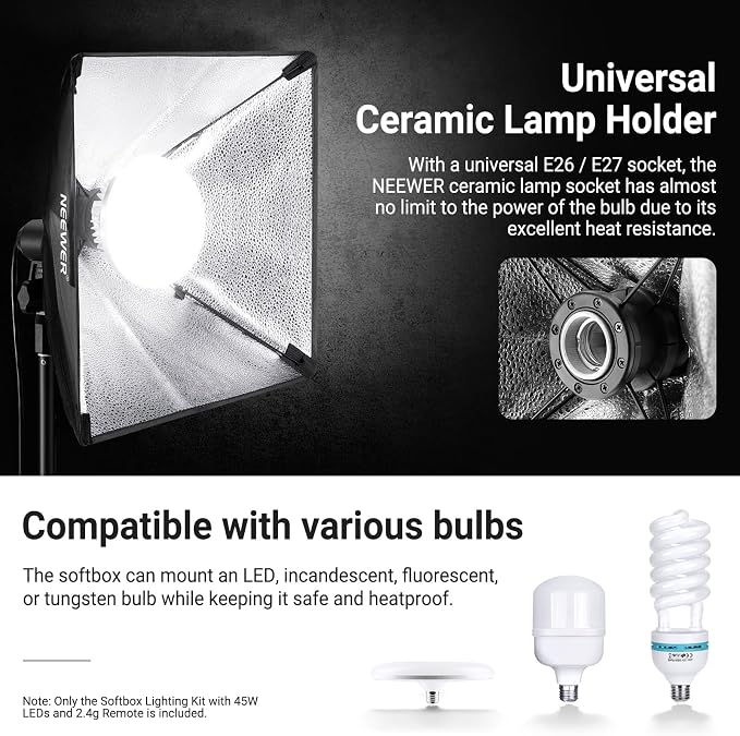 NEEWER 24"x24" 450W Equivalent Softbox Lighting Kit with Tripod Stand, 45W Bi Color 2.4G LED Bulb, Remote, 10 Channels 2900K-7000K 1400lx/1m CRI95 Studio Photography Recording Continuous Light, NK104