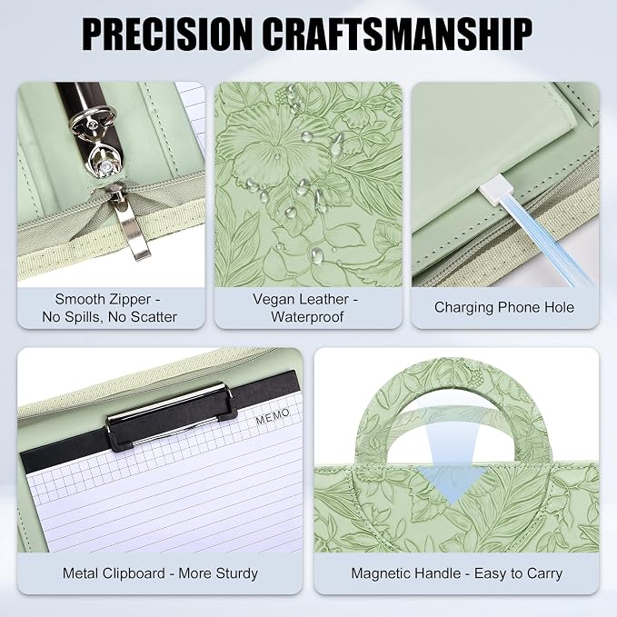 Portfolio Binder - 3 Ring Binder with Magnetic Handle, Vegan Leather Business Padfolio Folder with Notepad, Includes 5 Dividers with 10 Pockets for Documents Files