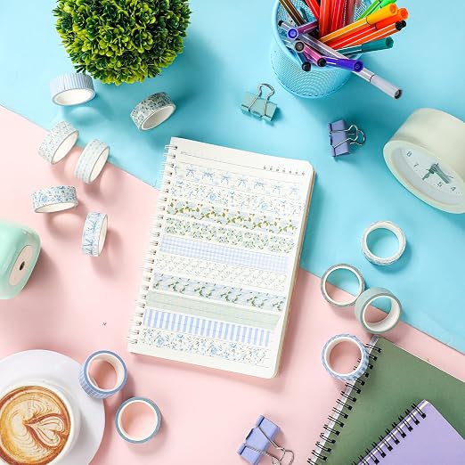 12 Rolls Watercolor Floral Washi Tape Set 15 mm Vintage Flower Decorative Masking Tape for Summer School Arts DIY Craft Scrapbook Journal Supplies Gifts(Dusty Blue,Rose and Hydrangea)
