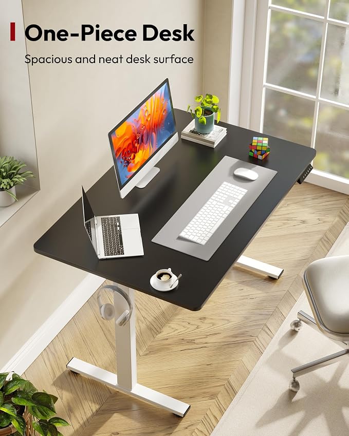 SANODESK One-Piece Electric Standing Desk, Seamless 48 x 30'' Ergonomic Height Adjustable Sit Stand Desk with Memory Presets for Home Office Computer Workstation, White Frame/Black Top