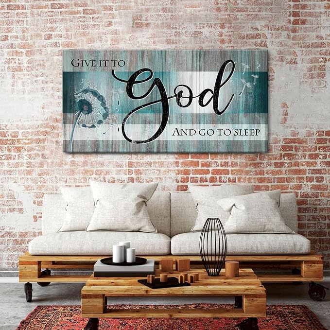 Extra Large Christian Wall Decor Scripture Wall Art Give It to God and Go to Sleep Bedroom Pictures Inspirational Bible Verses Wall Decor Turquoise Teal Religious Artwork Living Room Decoration 30x60"