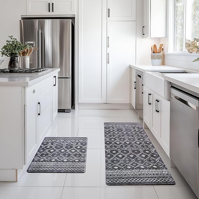 FRESHMINT Moroccan Kitchen Mat Set 2 Piece, 17x30''+17x47'', Black | Anti-Fatigue, Non Slip, Comfort, Kitchen Decor, Easy to Clean, Waterproof, Perfect for Kitchen, Laundry, Office