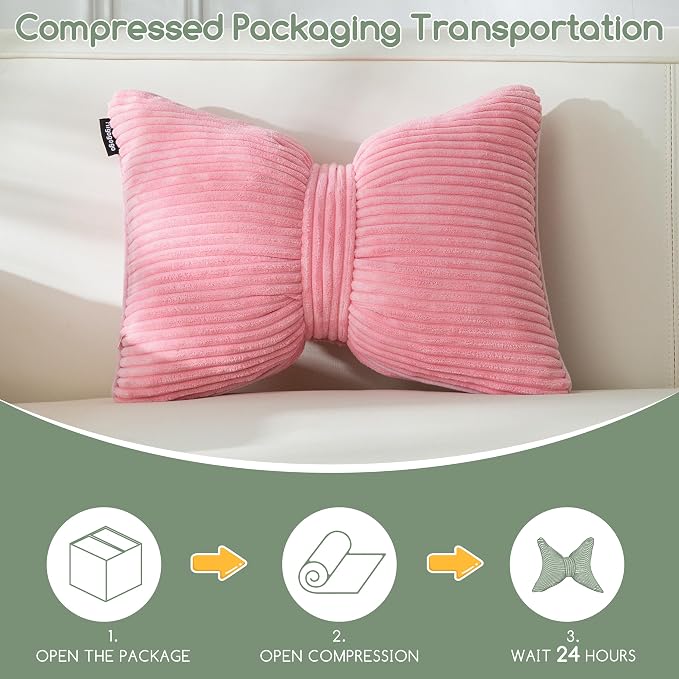HIGOGOGO Lumbar Support Pillow for Recliner Chair, Bow Knot Shaped Back Support Cushion, Striped Corduroy Soft Decorative Lumbar Pillow for Office Chair, Sofa, Car, Bed, Living Room - Pink