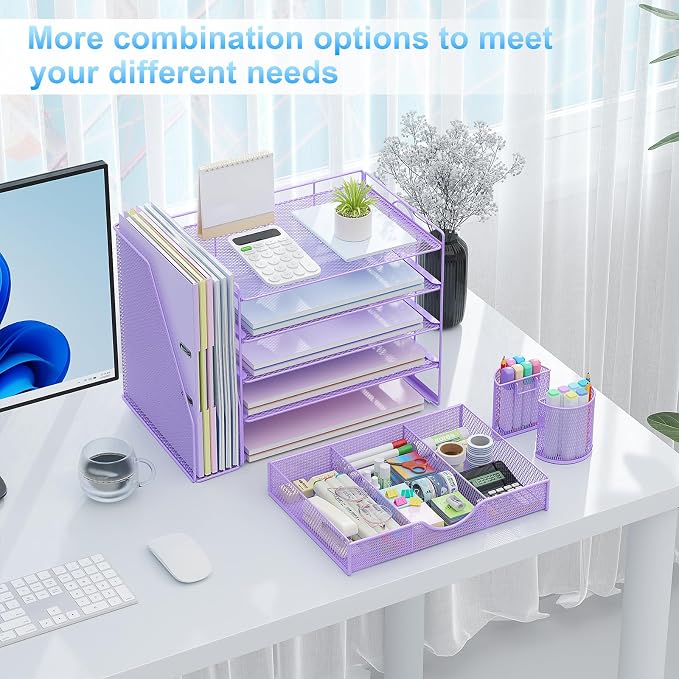 gianotter 5-Tier Desk Organizer with Drawers and File Holders | Letter Trays and Pen Holders - Workspace Accessories for Office Supplies (Light Purple)