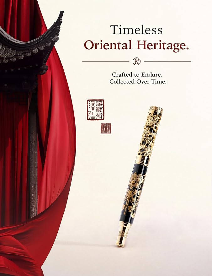 Executive Rollerball Pen Sets With Stand-Museum Collections-Crafting Timeless Beauty-Luxury Pen Gift & Office Desk Decor, German SCHMIDT refill, Solid Metal & Marble Texture (Black and Gold Pen)