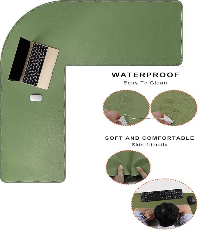 Mydours L-Shape Desk Mat, 46" x 46" x 16" Extra Large PU Leather Desk Pad Blotter, XXL Large Waterproof Gaming Mouse Pad, Desktop Protector for Computer Keyboard Home Office (Green)