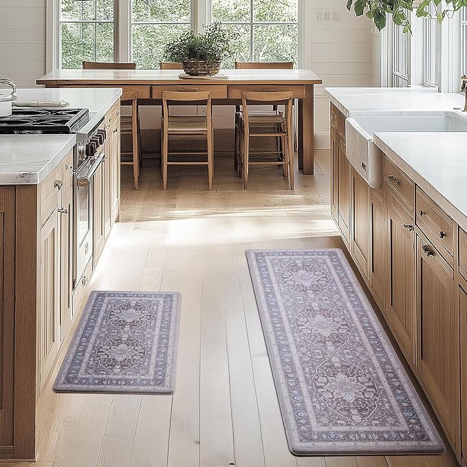 FRESHMINT Medallion Kitchen Mat Set 2 Piece, 17x30''+17x47'', Misty Gray | Anti-Fatigue, Non Slip, Comfort, Kitchen Decor, Easy to Clean, Waterproof, Perfect for Kitchen, Laundry, Office