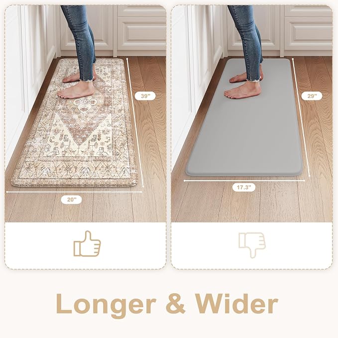 KIMODE Kitchen Mats Cushioned Anti Fatigue, 20"x39" Farmhouse Kitchen Rug, Non Slip Kitchen Mats for Floor, Padded Kitchen Floor Mats, Standing Desk Mat for Sink, Laundry, Desk Khaki