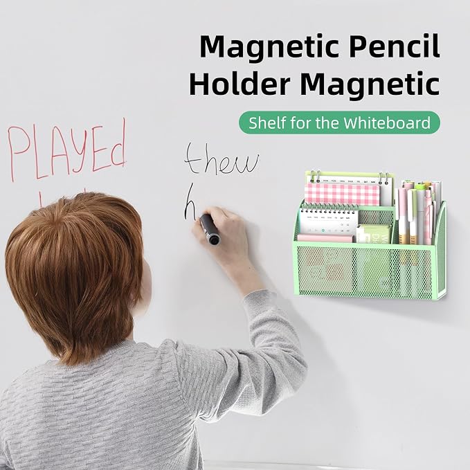 DALTACK Magnetic Pencil Holder - 3-Grid Mesh Shelf for Whiteboard, Refrigerator & Locker - Organizer for Home, School & Office, Mint Green