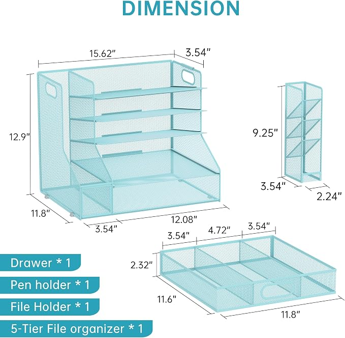 Desk Organizer with 5 Tier File Holder and Sliding Drawer Pen Holder Black | Paper Letter Tray with 3 Tilted File Sorters to Keep Desk Accessories and Office Supplies within Reach