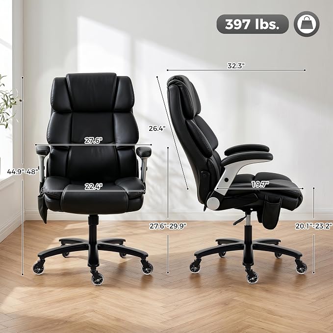 HOMCOM 400 Lbs Heavy Duty Office Chair with Adjustable Lumbar Support Black | Inflatable Adjustable Lumbar Support, Heavy Duty High Back Desk Chair, Pet-Friendly Fabric, 4-Level Gas Lift
