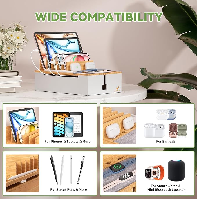 Pezin & Hulin Charging Station, Natural+White (No USB Charger and Cables) | Electronic Devices Organizer for Multiple Devices Charger Such As Cell Phone, Tablet, Watch and More - Bamboo