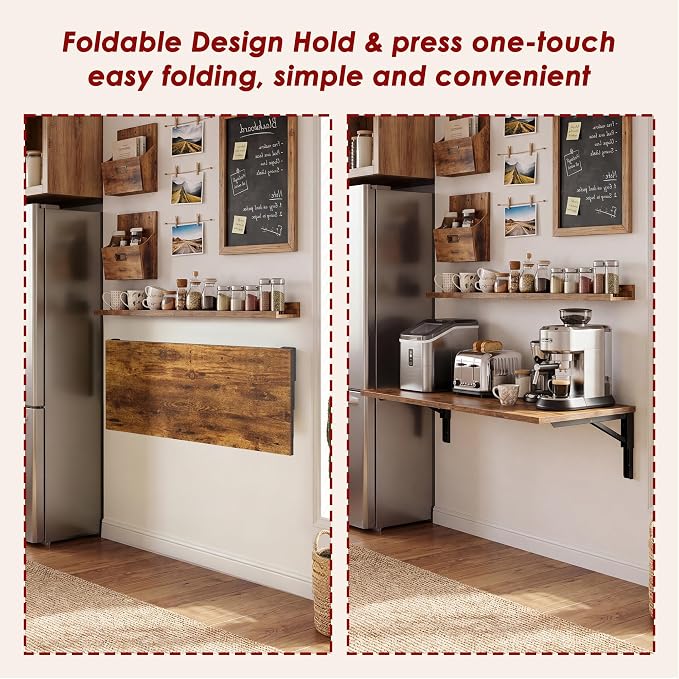Need Wall Mounted Desk - Heavy Duty Folding Work Table Length 36" Width 20"/Small Space Hanging Desk Perfect Addition to Home/Office/Kitchen & Dining Room Rustic Brown AC15-9050FG-ND