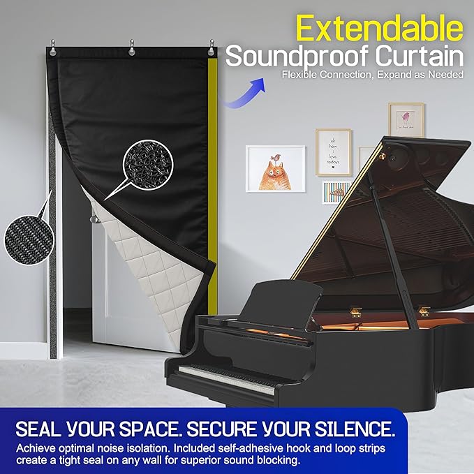 Soundproof Curtain 82.6" x 47.2", Heavy Duty Sound Dampening Curtain with Grommets & Wall Hooks, Multi-Layer Acoustic Curtain for Noise Reduction & Light Blocking, Black, Single Curtain