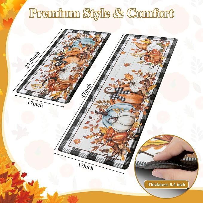 SHACOS Fall Anti Fatigue Kitchen Mats Pumpkins Gnome 17x27.5+17x47 | Orange Maple Black White Checkered Autumn Harvest Cushioned Kitchen Rugs Sets of 2 Non Slip Kitchen Floor Mat