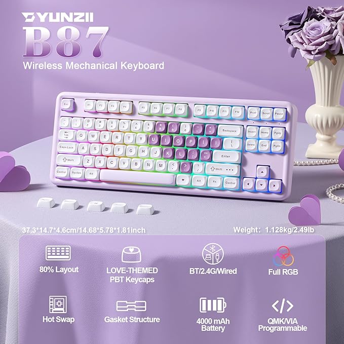 YUNZII B87 Wireless Mechanical Keyboard,QMK/VIA Programmable,TKL Layout 87 Keys,BT/2.4G/USB-C,Hot Swap Gasket Mount RGB Backlit Gaming with Wrist Rest for Win/Mac (Purple Heart, Cocoa Cream V2)