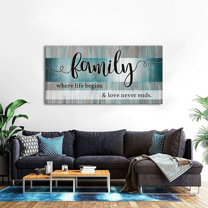 AIYISU Teal Family Wall Art Family Signs for Home Decor Wall Inspirational Quotes Picture Farmhouse Kitchen Dining Room Decor Turquoise Family Canvas Painting Bedroom Living Room Decoration 30x60