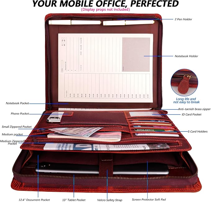 JinRuiKJ Full Grain Leather Portfolio with Zipper, Professional Business Organizer for Men Women, Executive Resume Folder with A4 Notepad Holder, Card Slots, Pen Loop, 10x13'', Luxury Gift Set (Red)