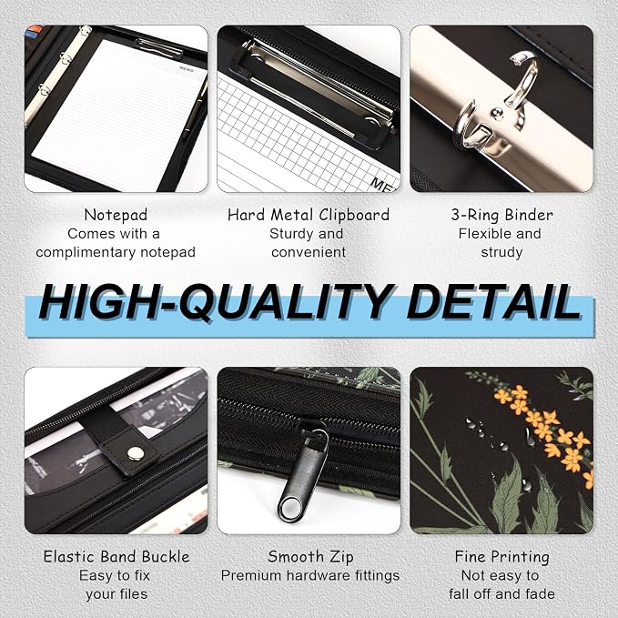 Eshow padfolio Portfolio Binder - 3 Ring Binder with Zipper, Vegan Leather | Includes 5 Colorful Sheet Protectors for Documents & Diles, 1 Pen, and 1 A4 Notepad, Designed for Women and Men