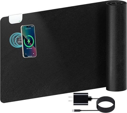 Large Desk Pad with Wireless Charger, Dual Side PU Leather Desk Mat on Top of Desks, Black Mouse Pad Desk Protector Mat, Waterproof Keyboard Mouse Mat for Gaming Computer Desktop Cover 31.5"x12.6"