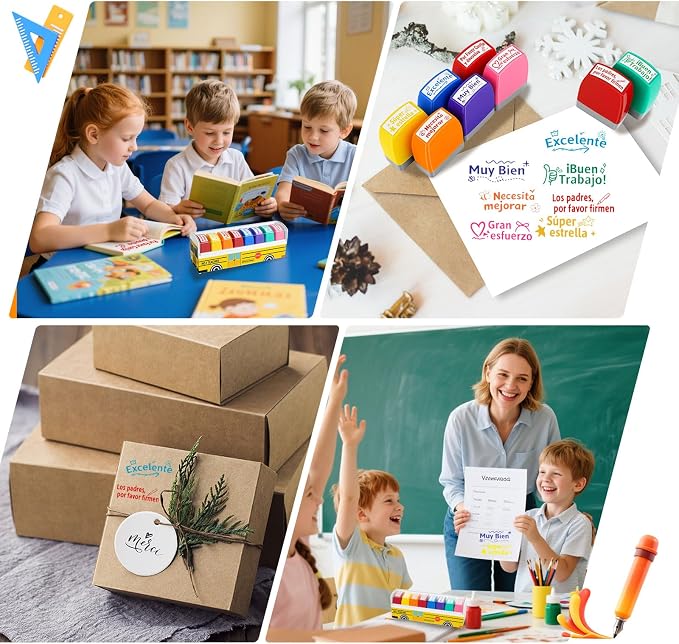 8Pcs Spanish Teacher Stamps for Classroom Rubber Self Inking Grading Stamps Set Motivation Teacher Stamp Set for Bilingual School Elementary Kid Homework Reward Supplies, Sellos para Maestros