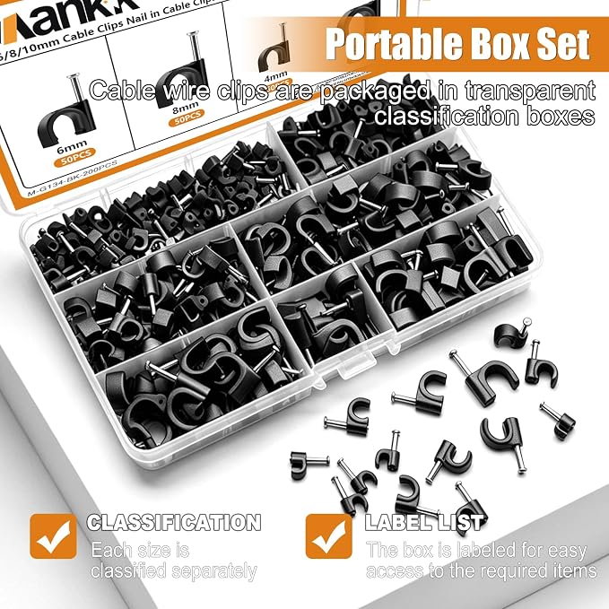 mankk 200PCS Cable Clips Nail in Cable Clips Black Wire Clips 4/6/8/10mm Round Ethernet Cables Wall Clips for Cords RG6 RG59 CAT5 CAT6 RJ45