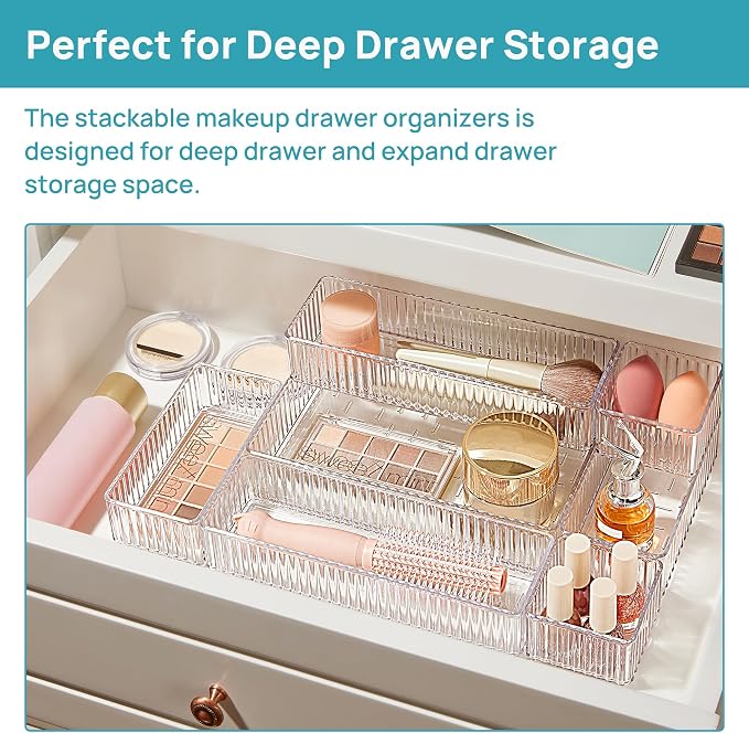 Vtopmart 7 PCS Clear Makeup Drawer Organizers Bins, 4-Size Stackable Makeup and Vanity Organizer Trays, Acrylic Bathroom Storage Containers for Cosmetic, Toiletries, Office Supply, Utensils, Gadgets | Vanity Organizer Trays for Makeup, Cosmetics, Jewel...