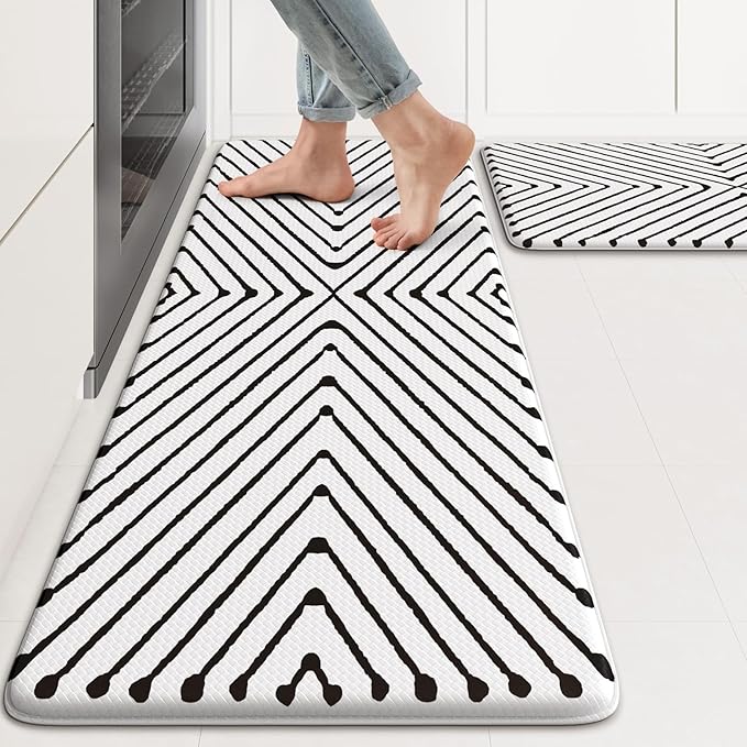 KIMODE Kitchen Mats Cushioned Anti Fatigue, Geometric Kitchen Rugs Sets of 2, Non Slip Waterproof Kitchen Floor Mats, Comfort Standing Mats for Laundry Office Sink Desk 17"x47"+17"x29" Black Diamond