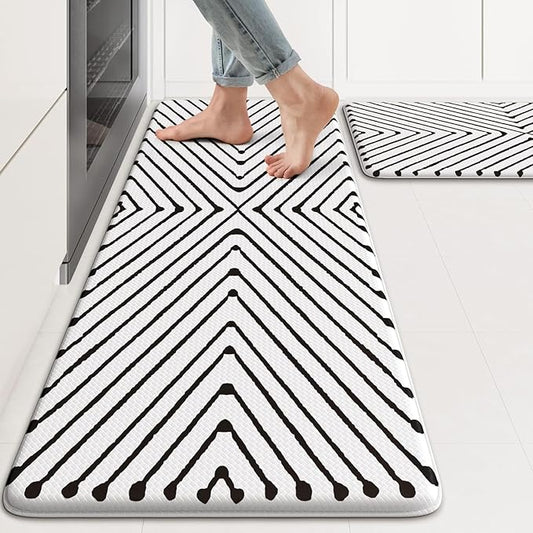 KIMODE Kitchen Mats Cushioned Anti Fatigue, Geometric Kitchen Rugs Sets of 2, Non Slip Waterproof Kitchen Floor Mats, Comfort Standing Mats for Laundry Office Sink Desk 17"x47"+17"x29" Black Diamond