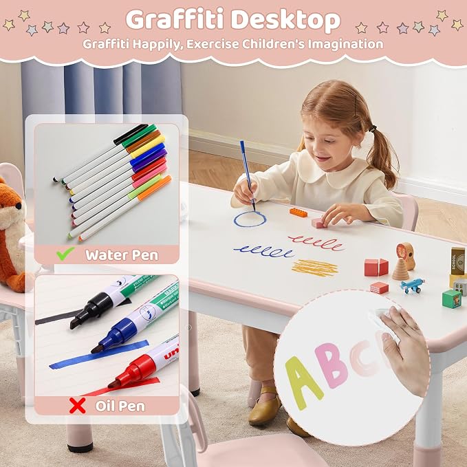DOREROOM Adjustable Kids Table & 4 Chairs Set, 31.5" L x 23.6" W, Pink | Graffiti Desktop,Table Supports 300 lbs,Toddler Ages 2-8，FSC-certified, Children Activity Table for Daycare, Classroom, Home