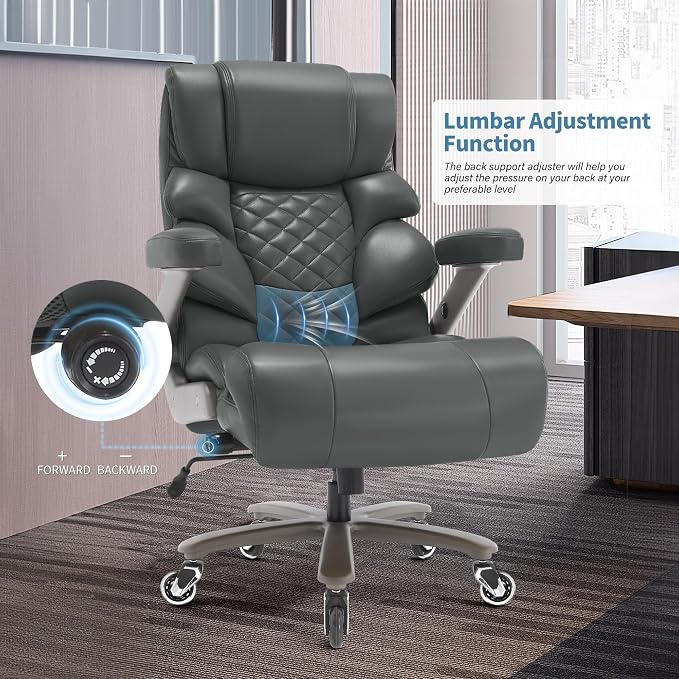 VUZI 700lbs Big and Tall Office Chair, Large Executive Leather Desk Chair | Adjustable Lumbar Support for Back Pain, Plus Size Wheels, 3D Flip Arms, Heavy Duty Metal Base, Wide Seat Computer Chair