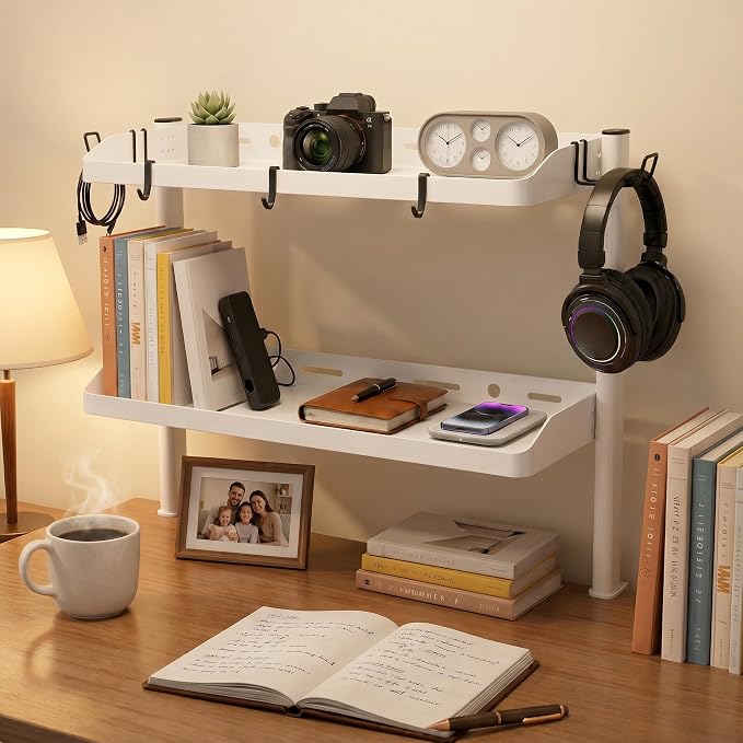 Clamp on Desk Shelf White, 2-Tier Office Desk Shelves Organizer, 17in Small Shelf for Top of Desk with Headphone Holder, Hooks, Desktop Storage Rack for Home Workspace, Study Rooms, Gaming Accessories
