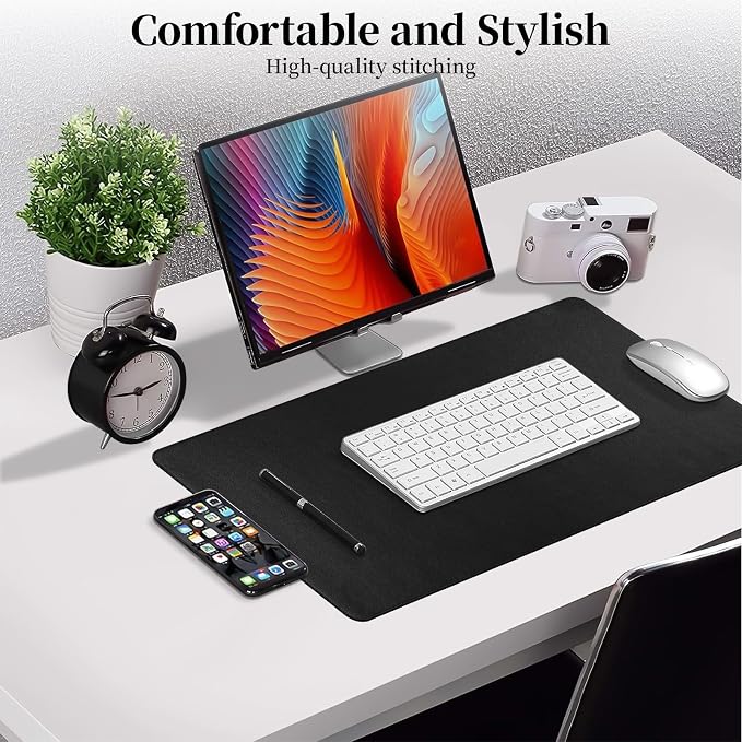 Black Leather Desk Pad Large Mouse Pad, 23.6"x13.8" | Waterproof Desk Mat for Keyboard and Mouse, Non-Slip Computer Desk Protector, Smooth Mouse Control for Home Office