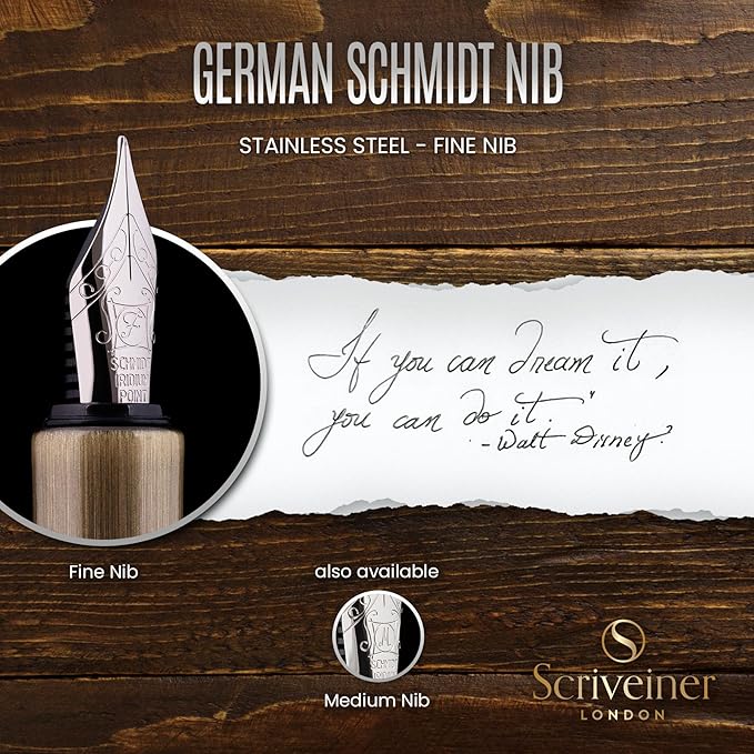 Scriveiner Luxury EDC Fountain Pen (Fine), Bronze Pocket EDC with Hand Brushed Finish, Schmidt German Nib Converter, Best Writing Gift Set for Men & Women, Fancy Pen for the Office & Journaling
