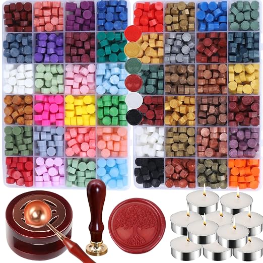 Wax Seal Stamp Kit, ONWINPOR 1248 Pcs Sealing Wax Beads in 48 Colors with Melting Warmer, Spoon, Tea Candles, Tree Sealing Stamp Set for Wedding Invitation, Letter Sealings and DIY Craft