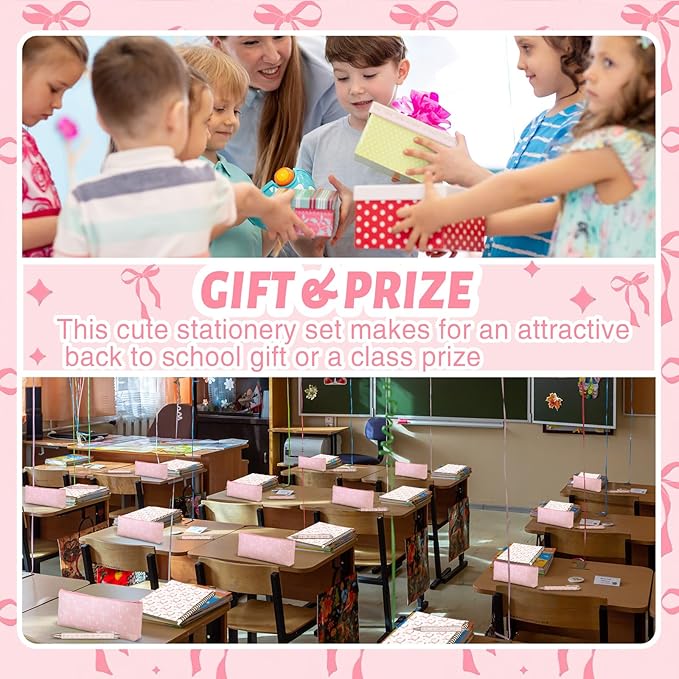 Pink Bow Stationery Gift Coquette School Supplies Set Include Pens Aesthetic Journal Notebook Pencil Case and Stickers Pink Bow Preppy Back to School Supplies for Girl Students