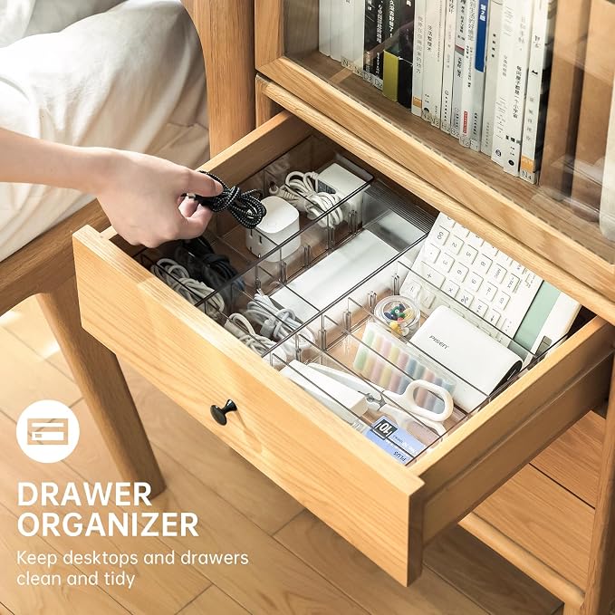 FRETONBA 2 Pcs Clear Cable Charger Organizer Box, Large | Adjustable Compartments, Stackable to Save Space, 14 Wire Ties, Easy Access, Fits Drawer, Desk & Office