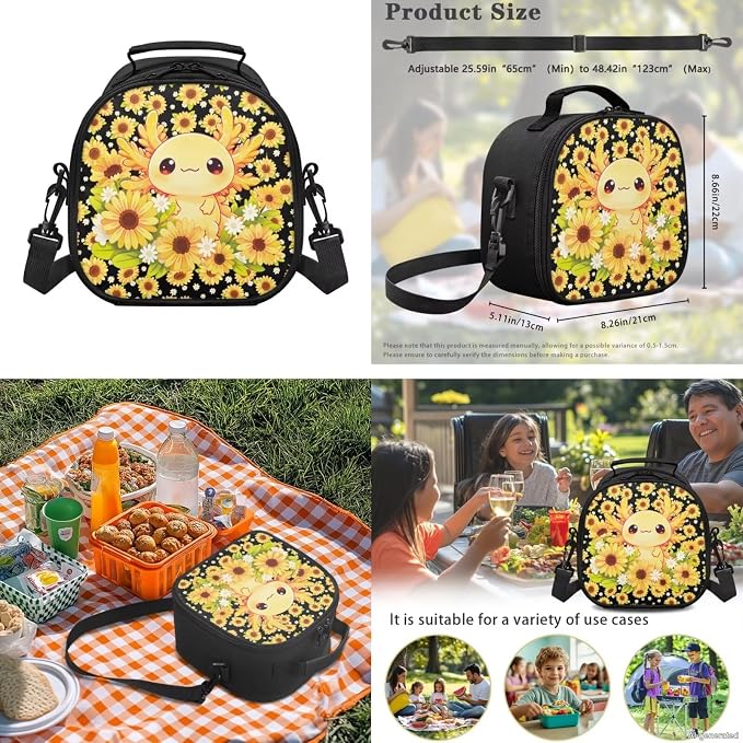 WELLFLYHOM Sunflower Axolotl Backpack Set for Girls Ages 8-12 | Full Matching Storage Accessory Set, Portable Daypack Fits Elementary and Junior High Daily School Storage Demands