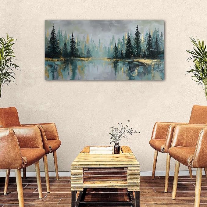 Green Forest Wall Art Vintage Fog Pine Trees Landscape Wall Decor Nature Green and Gold Forest Lake Scenery Canvas Prints Pictures Farmhouse Artwork for Kitchen Living Room Home Decorations 24x48"