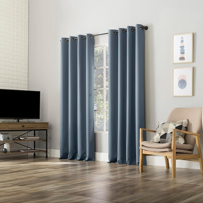 Sun Zero Nordic 2-Pack Theater Grade Noise Reducing Extreme 100% Blackout Grommet Curtain Panel Pair, 52" x 63", Denim Blue