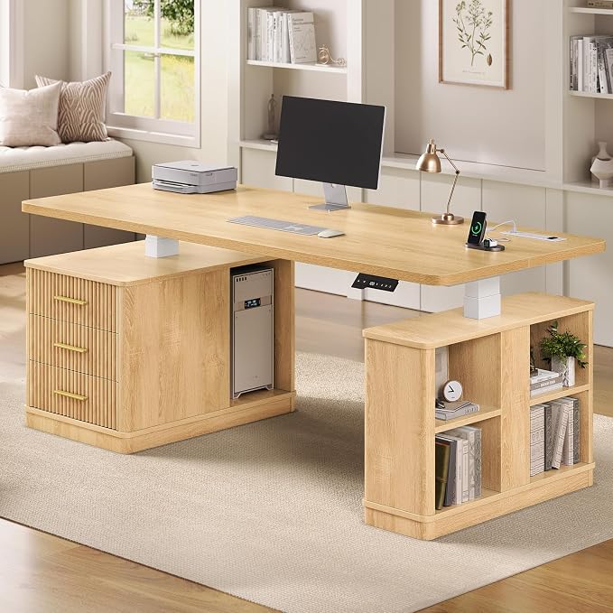 SEDETA Modern Fluted Electric Standing Desk, 63" Height Adjustable Computer Desk with 3 Drawers, Storage Shelves, Power Outlets, Wood Home Office Stand up Desk for Work, Study, Writing, Oak