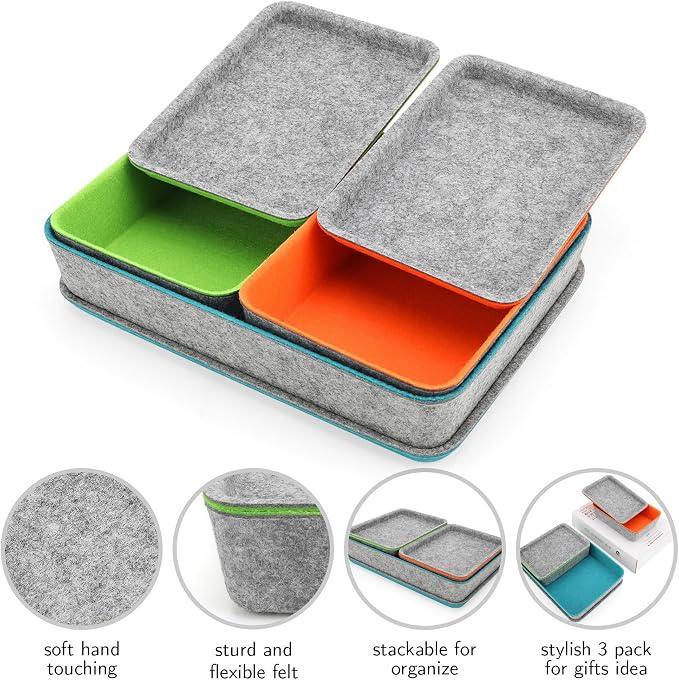 3-Piece Stackable Lidded Felt Desk Drawer Organizer Tray Multi-Color