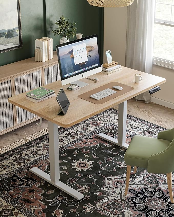 CubiCubi 32 x 20 Small One-Piece Standing Desk, Adjustable Height Electric Computer Home Office Sit Stand up Workstation, with 4 Memory Presets, Headphone Hook, Maple