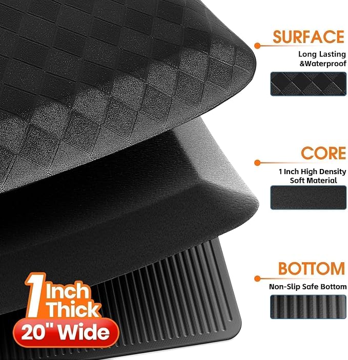 StepRite 1” Thick Kitchen Mats for Floor, Anti Fatigue Kitchen Rugs, Non-Slip,Heavy Duty Water Resistant Kitchen Rug, Standing Desk Mat for Friends, Family, Home, Kitchen, Office (32" x 20", Black)
